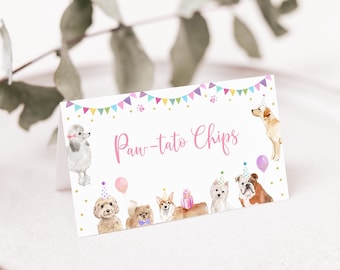 Editable Puppy Birthday Tent Cards Food Labels Let&#39;s Paw-ty Girl Puppy Party Animal Shelter Vet Puppy Dog Balloons Digital Download A621