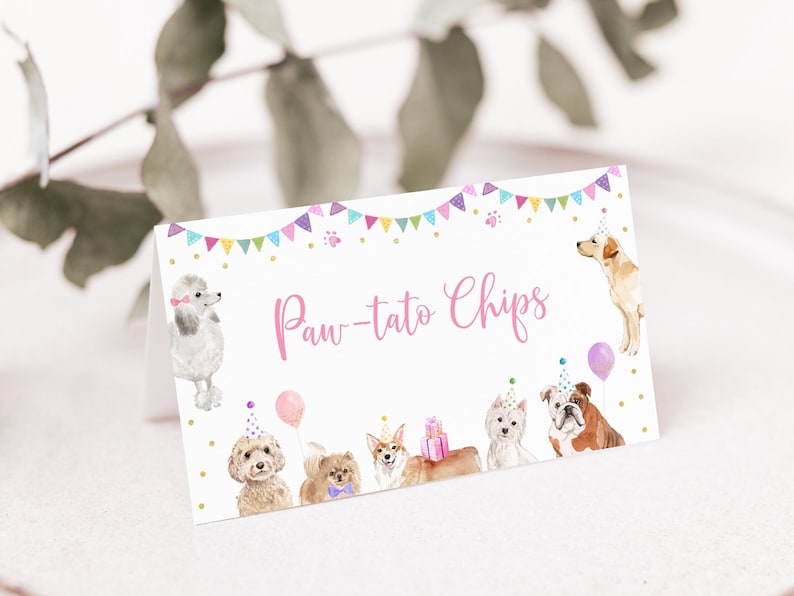 Editable Puppy Birthday Tent Cards Food Labels Let's Paw-ty Girl Puppy Party Animal Shelter Vet Puppy Dog Balloons Digital Download A621 image 1