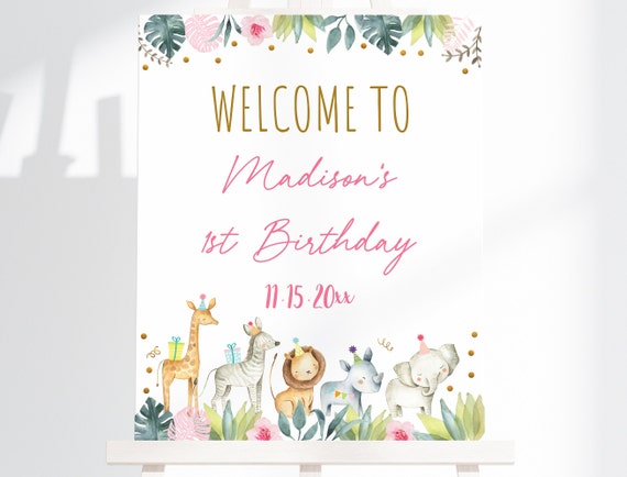 Editable Pink Safari Birthday Welcome Sign, Safari Animals, Girl Safari Birthday, Zoo Animals, Printable, Digital, Instant Download A517 Il_570xn