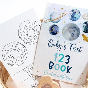 Baby&#39;s First 123 Book Baby Shower Coloring Pages Baby Shower Game Blue Gold Galaxy Numbers Coloring Book Digital Instant Download A631