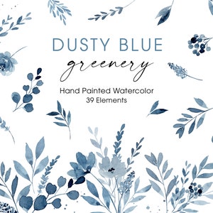 Dusty Blue Greenery Clipart Aquarell Floral Clipart Light Blue Navy Blau Grün Blätter Blumen Laub Botanische Hochzeit Clipart Digital