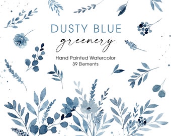May include: Dusty blue watercolor greenery clipart with 39 elements. The image features a variety of leaves, flowers, and sprigs in shades of blue.