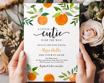 Editable Little Cutie Baby Shower Invitation Little Cutie on the way Clementine Orange Greenery Gender Neutral Digital Download A735