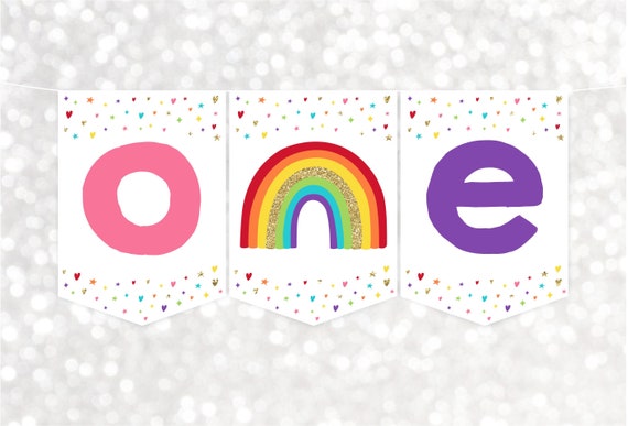 Rainbow ONE High Chair Banner Rainbow First Birthday Banner Girl Rainbow Party Pink Gold Rainbow Stars Hearts Printable Digital A530 Il_570xn