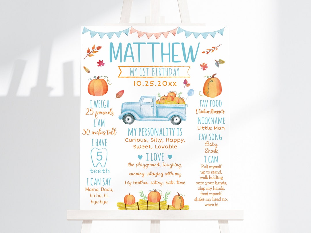 Editable Pumpkin Birthday Milestone Poster Fall Harvest 1st Birthday Boy  Pumpkin Truck Blue Pumpkin Autumn Printable Instant Download A548