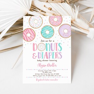 Editable Donut Baby Shower Invitation, Donuts & Diapers, Pink Donut, Baby Girl Shower, Doughnut, Printable, Digital, Instant Download A500 image 2