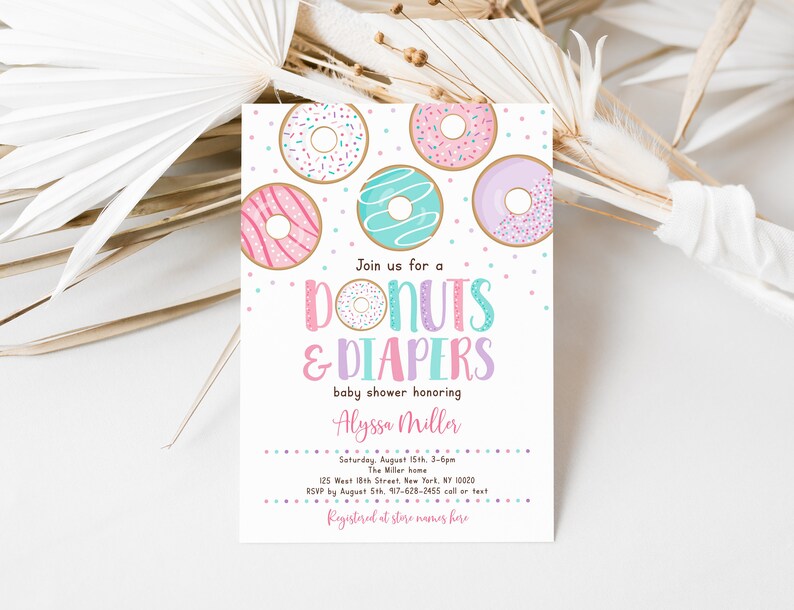 Editable Donut Baby Shower Invitation, Donuts & Diapers, Pink Donut, Baby Girl Shower, Doughnut, Printable, Digital, Instant Download A500 image 2