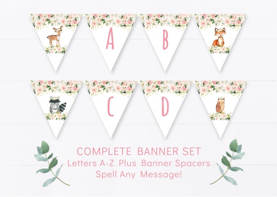 Girl Woodland Baby Shower Banner Blush Pink Floral Woodland Forest Animals Baby Girl Printable Letters A-Z Digital Instant Download A516 Il_570xn