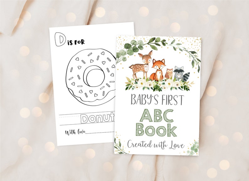 ABC Book Baby Shower Game Woodland Greenery Alphabet Coloring Etsy