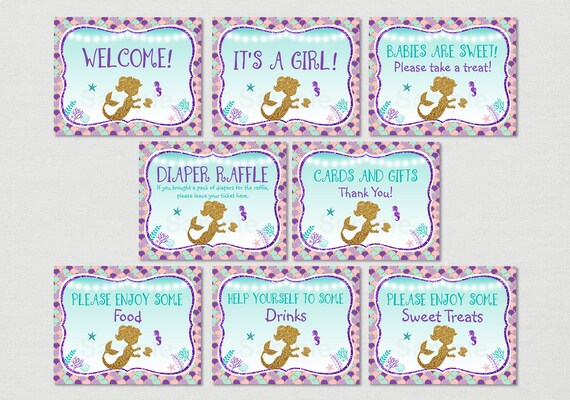 Mermaid Baby Shower Table Signs / Mermaid Baby Shower / Glitter Mermaid / Under The Sea / 8 Printable Party Signs / INSTANT DOWNLOAD A462 Il_570xn
