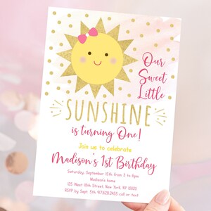 Editable Sunshine First Birthday Invitation Sunshine Party You Are My Sunshine Pink & Gold Sunshine Printable Digital Instant Download A508