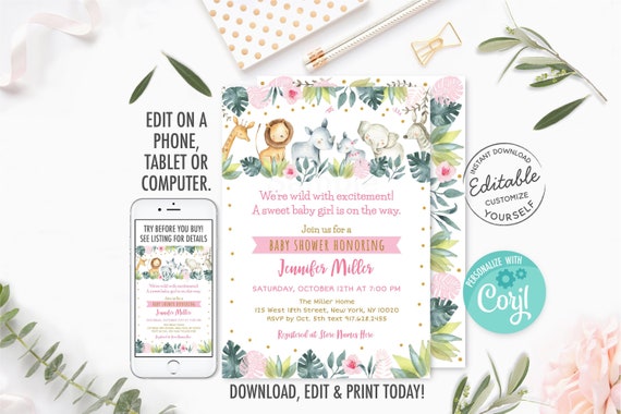 EDITABLE Pink Safari Baby Shower Invitation, Wild One Baby Shower, Safari Animal, Jungle Animal, Girl Safari Printable Instant Download A517 Il_570xn