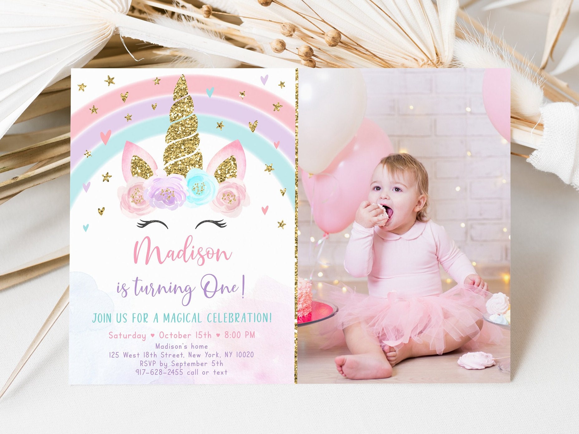 Editable Unicorn Rainbow Birthday Invitation Unicorn Invite Pink Gold  Pastel Floral Unicorn Party Printable Digital Instant Download A582 - Etsy, image size:1857x1392