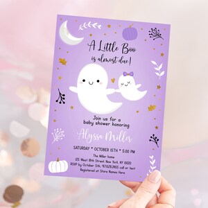 May include: Purple and white baby shower invitation with a ghost and pumpkin design. The text reads "A Little Boo is almost due!" and includes the name "Alyssa Miller".