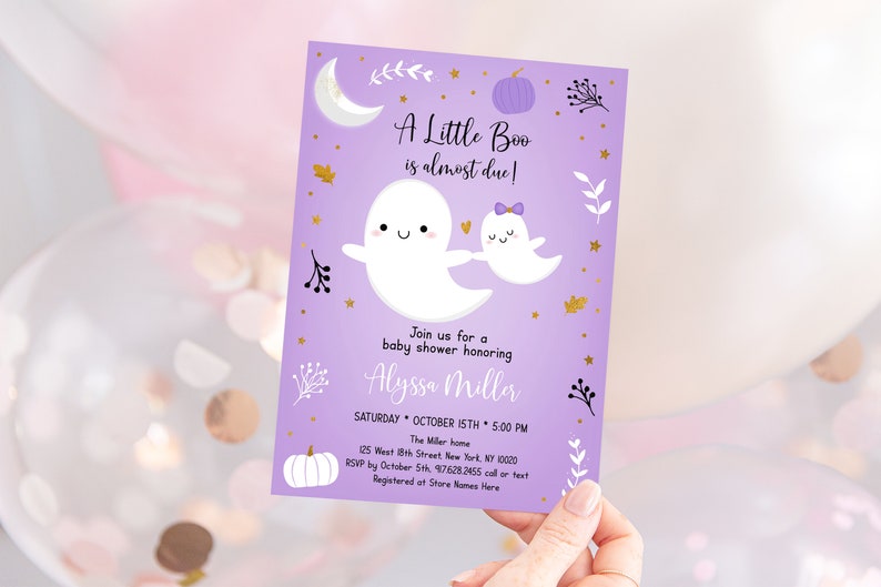 May include: Purple and white baby shower invitation with a ghost and pumpkin design. The text reads "A Little Boo is almost due!" and includes the name "Alyssa Miller".