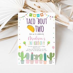 May include: A colorful invitation for a second birthday party with a taco theme. The invitation features a cartoon taco, cacti, and maracas. The text reads "Taco 'Bout Two" and "Join us to celebrate Madison's 2nd Birthday".