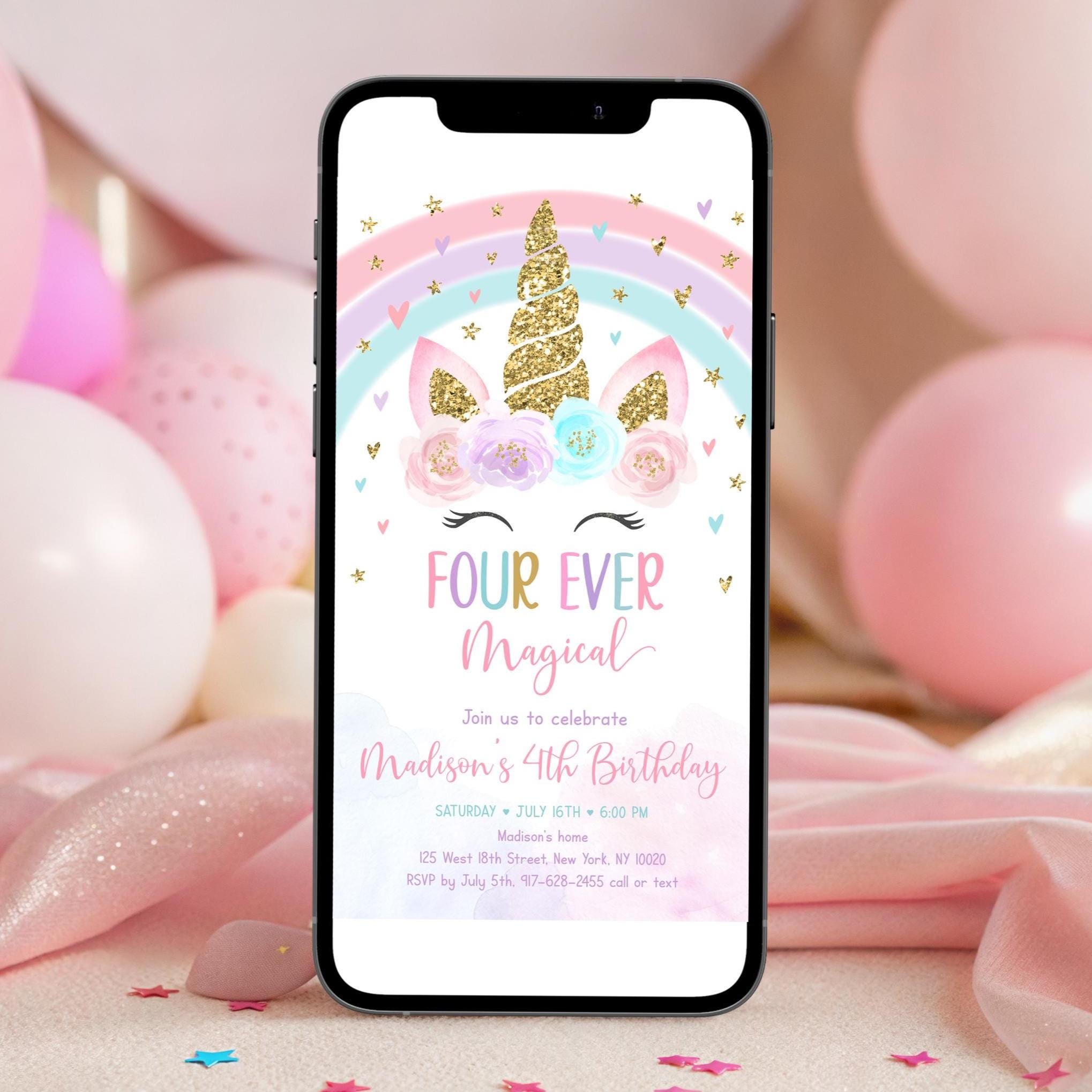 Editable Unicorn 4th Birthday E-invitation Four Ever Magical Invite ...
