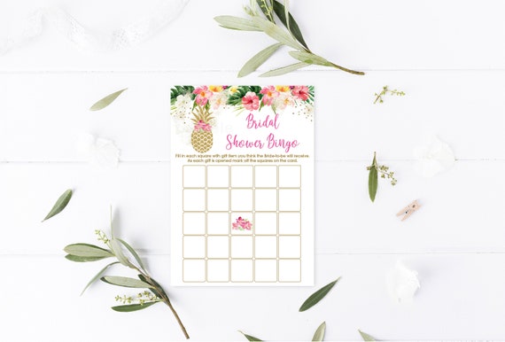 Bridal Shower Bingo Game Pineapple Bridal Shower Pink Tropical Floral Gold Pineapple Digital Printable Instant Download B139 Il_570xn