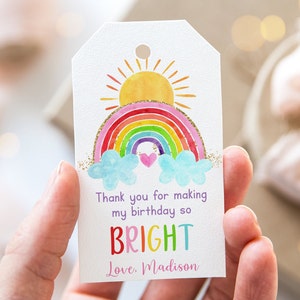 Editable Rainbow Sunshine Thank You Tags Favor Tags Girls Rainbow Party Pink Gold Rainbow Cloud Sun Watercolor Rainbow Download A661