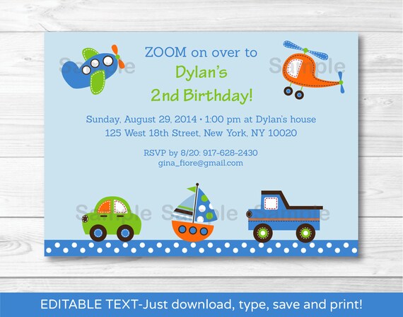Vehicle Birthday Invitation / Vehicle Birthday Invite / Car Invite / Truck Invite / Airplane Invite / INSTANT DOWNLOAD Editable PDF A363 Il_570xn
