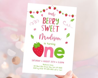 Editable Strawberry Birthday Invitation Berry Sweet Strawberry 1st Birthday Invite Girl Strawberry Party Pink Green Digital Download A542