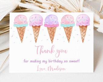 Editable Ice Cream Birthday Thank You Card, Pink Pastel Girl Ice Cream Party, Watercolor Ice Cream Cone, PrintableDigital Download A673
