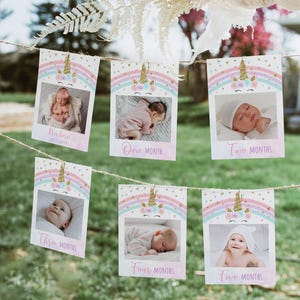 Unicorn First Birthday Banner, Monthly Photo Banner, Pastel Rainbow Unicorn, Pink Gold Floral, Girl First Year Banner, Editable Digital A582