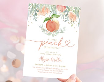 Editable Peach Floral Baby Shower Invitation Little Peach on the way Peach Gold Summer Baby Girl Invite Printable Digital Download A608
