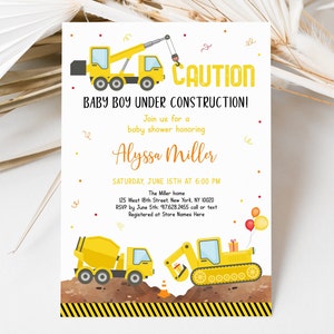 Editable Construction Baby Shower Invitation Construction Trucks Digger Baby Under Construction Boy Baby Shower Printable Digital A605