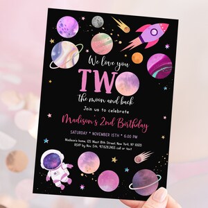 Editable Two The Moon Birthday Invitation Space 2nd Birthday Invite Pink Girl Astronaut Galaxy Planets Outer Space Party Rocket Ship A654