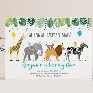 Editable Party Animals Birthday Invitation, Zoo Safari Animal Birthday, Jungle Animals, Boy, Girl, Printable, Digital Instant Download A513 image 2