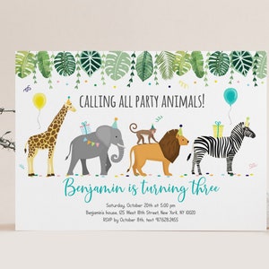 K&ouml;nnte beinhalten: Eine farbenfrohe Einladung zu einer Geburtstagsfeier mit Dschungel-Thema. Die Einladung zeigt eine Giraffe, einen Elefanten, einen Affen, einen L&ouml;wen und ein Zebra, die Partyh&uuml;te tragen. Der Text auf der Einladung lautet "Calling all party animals! Benjamin is turning three".