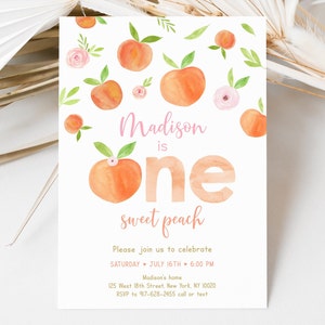 Editable Peach Birthday Invitation One Sweet Peach First Birthday Invite Watercolor Peach Girl 1st Birthday Printable Digital Download A668