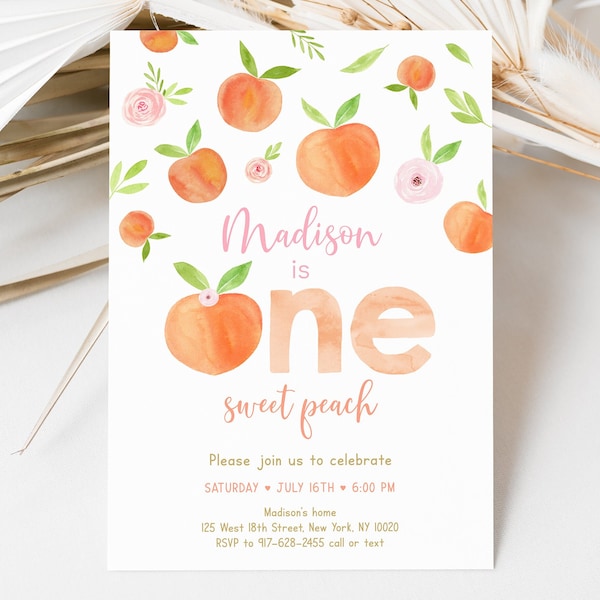 Editable Peach Birthday Invitation One Sweet Peach First Birthday Invite Watercolor Peach Girl 1st Birthday Printable Digital Download A668