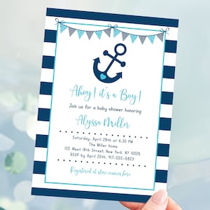 Editable Nautical Baby Shower Invitation Anchor Baby Shower Invite Navy & Aqua Boy Baby Shower Digital Printable Instant Download A222