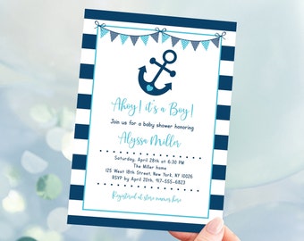 Editable Nautical Baby Shower Invitation Anchor Baby Shower Invite Navy & Aqua Boy Baby Shower Digital Printable Instant Download A222