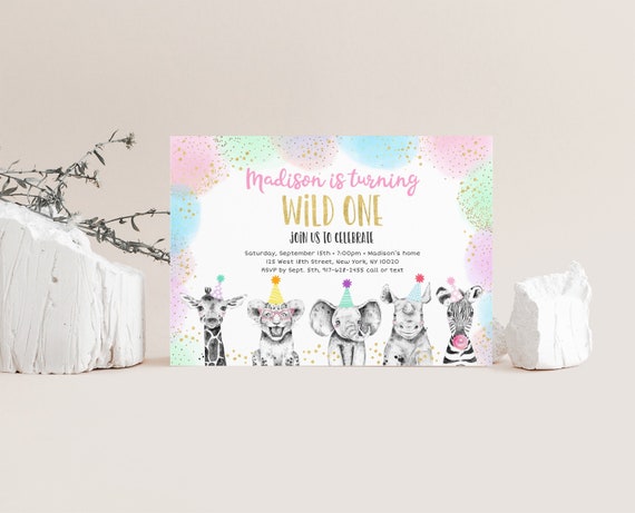 EDITABLE Wild One Birthday Invitation Safari Birthday Gold Safari Animals Girl Safari Party Jungle Zoo Animals Printable Digital A558 Il_570xn
