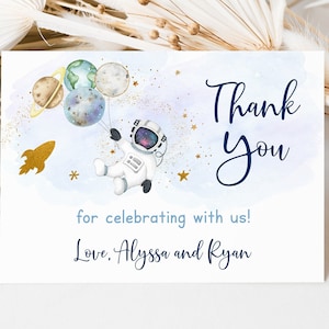 Editable Space Baby Shower Thank You Card Astronaut Baby Shower Blue Gold Galaxy Planets Rocket Ship Outer Space Digital Download A606