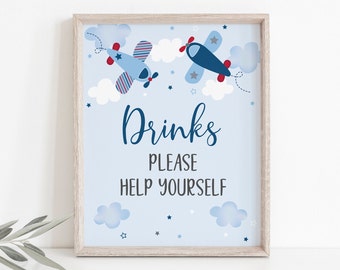 Airplane Drinks Sign, Airplane Birthday, Airplane Party, Boy First Birthday, Drinks Table Sign, Clouds, Stars, Digital Download A566