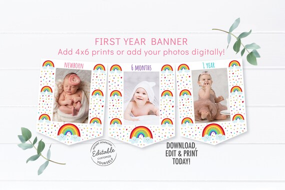 Rainbow First Birthday Banner Monthly Photo Banner Girls Rainbow Party Gold Rainbow Clouds Editable Printable Digital Instant Download A530 Il_570xn