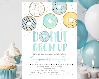 Editable Donut Grow Up Birthday Invitation, Blue Donut, First Birthday, Donut Party, Boy Birthday, Doughnut, Printable, Digital, Corjl A501
