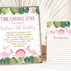 Pink Dinosaur Time Capsule Birthday Sign, Time Capsule Cards, Dinosaur 1st Birthday, Pink & Gold Dinosaur, Girl Dinosaur, Editable A507