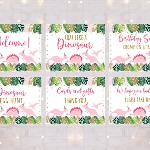 Pink Dinosaur Birthday Party Signs, Pink & Gold Dinosaur, Girl Dinosaur,  Tropical Dinosaur, 6 Printable Table Signs, Instant Download A507