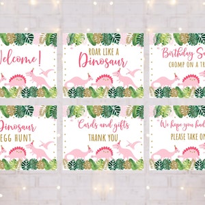 Pink Dinosaur Birthday Party Signs, Pink & Gold Dinosaur, Girl Dinosaur,  Tropical Dinosaur, 6 Printable Table Signs, Instant Download A507