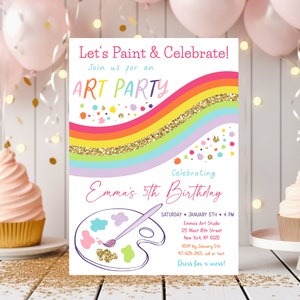 Editable Art Party Birthday Invitation Dress For A Mess Girl Pink Gold Rainbow Art Party Invite Paint Party Craft Party Digital A514