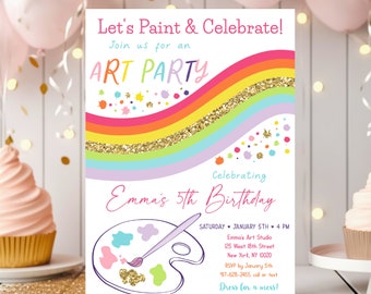 Editable Art Party Birthday Invitation Dress For A Mess Girl Pink Gold Rainbow Art Party Invite Paint Party Craft Party Digital A514