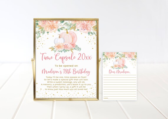 Pumpkin Time Capsule Birthday Sign Pumpkin First Birthday Blush & Gold Floral Pumpkin Digital Printable Instant Download Template A505 Il_570xn