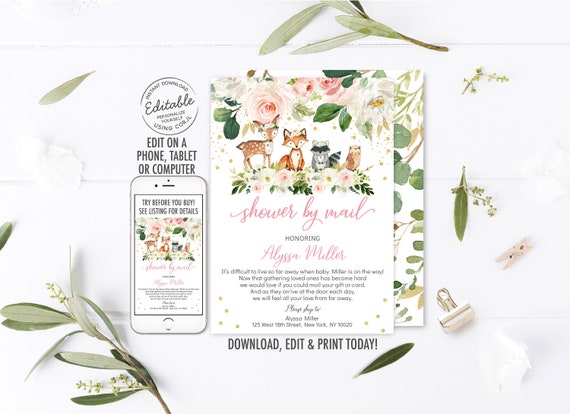 EDITABLE Girl Woodland Shower By Mail Invitation, Pink Woodland Animals Invite, Long Distance Baby Shower, Digital, Printable, Template A516 Il_570xn