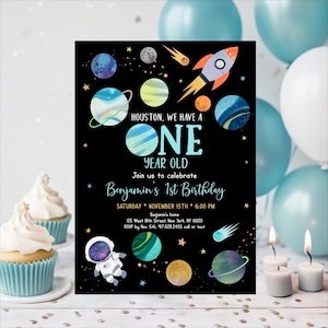 Editable Space First Birthday Invitation Houston We Have A One Year Old Astronaut Galaxy Planets Outer Space Party Rocket Ship Digital A654