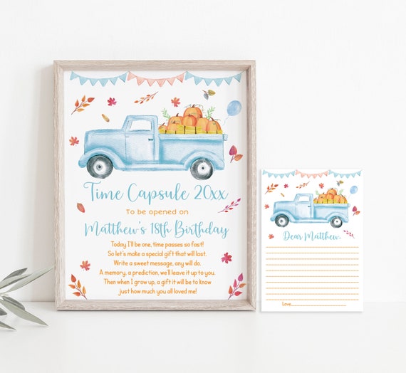 Editable Pumpkin Birthday Time Capsule First Birthday Pumpkin Truck Fall Harvest Blue Orange Boy Pumpkin Printable Digital Download A548 Il_570xn